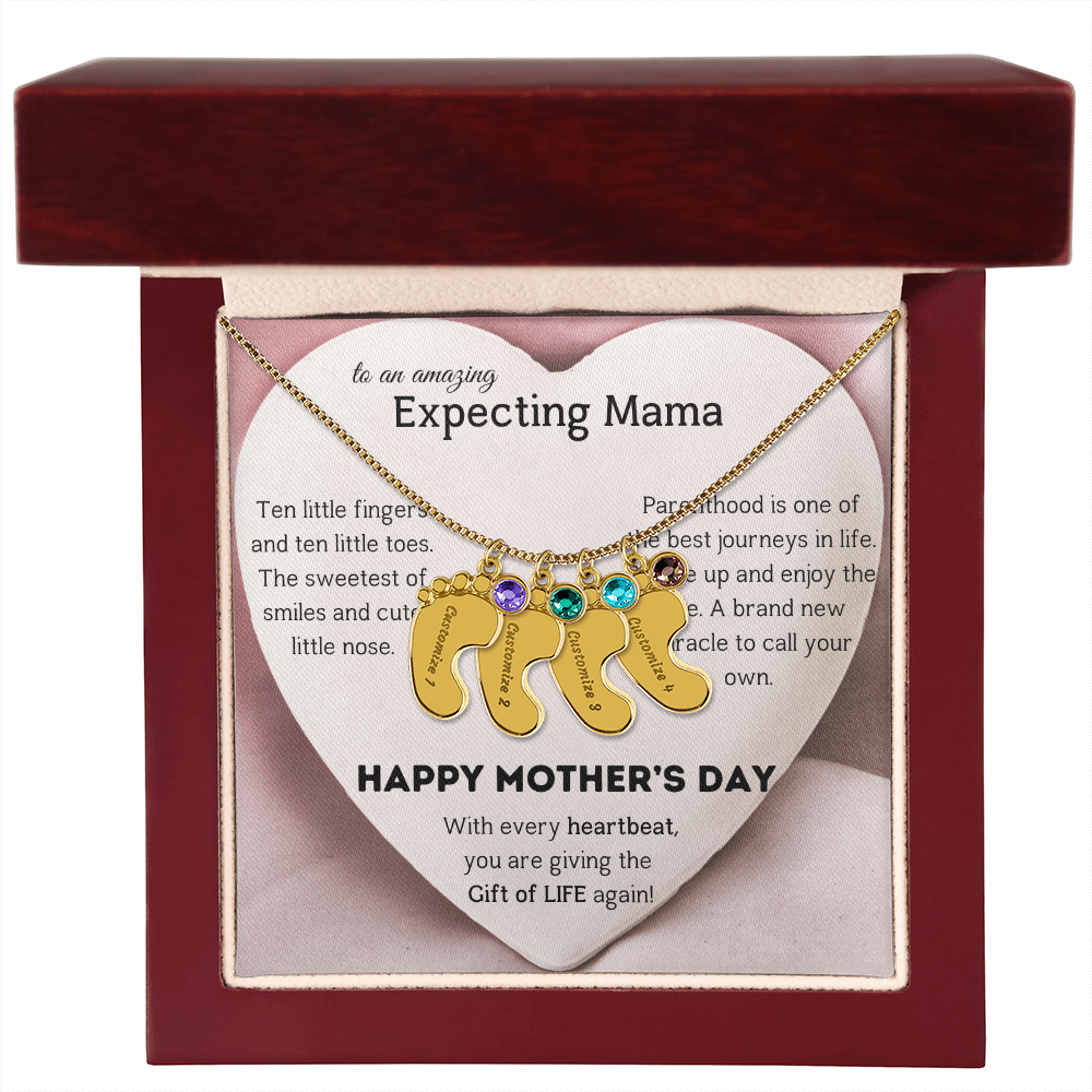 Birthstone Personalized Baby Feet Necklace with Message card To an Expecting Mama