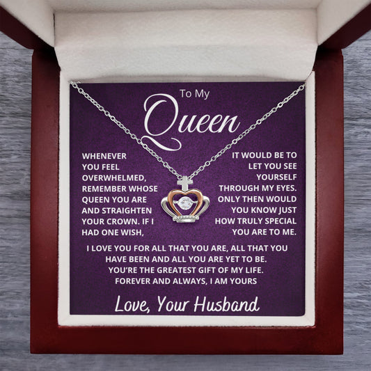 "To My Queen" Crown Pendant Necklace — Gift from Husband (With Luxury Mahogany LED Box)
