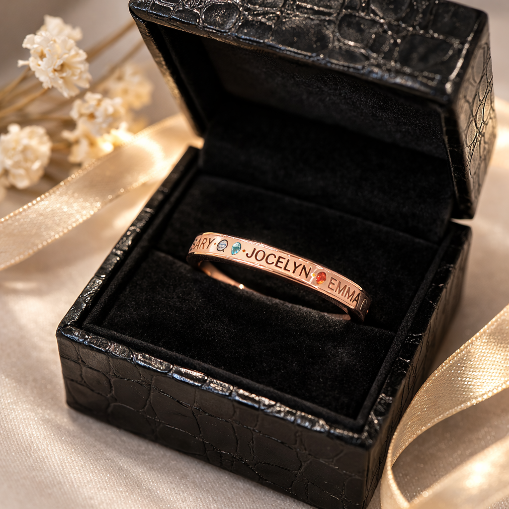 Gift Box for Personalized Birthstone Engraved Ring with Names