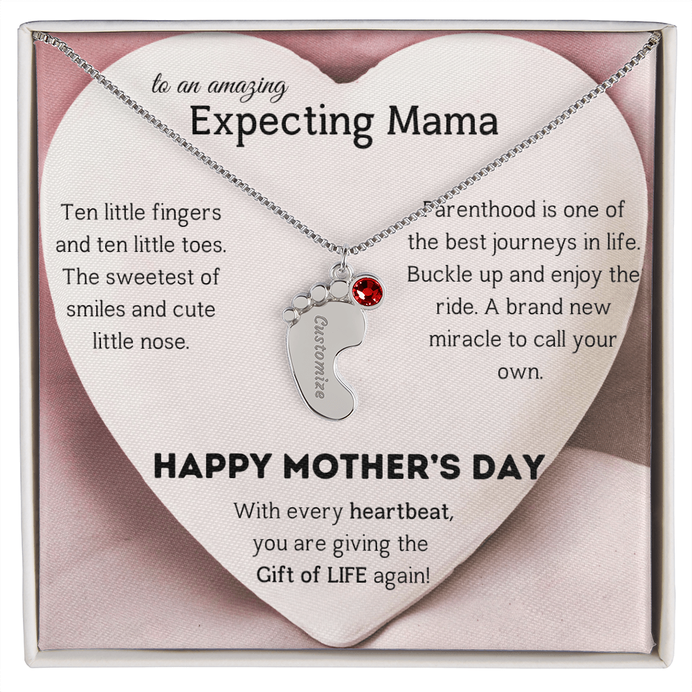 Birthstone Personalized Baby Feet Necklace with Message card To an Expecting Mama