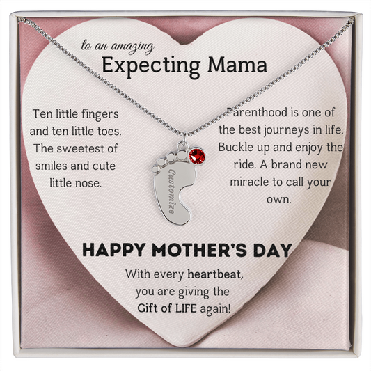Birthstone Personalized Baby Feet Necklace with Message card To an Expecting Mama