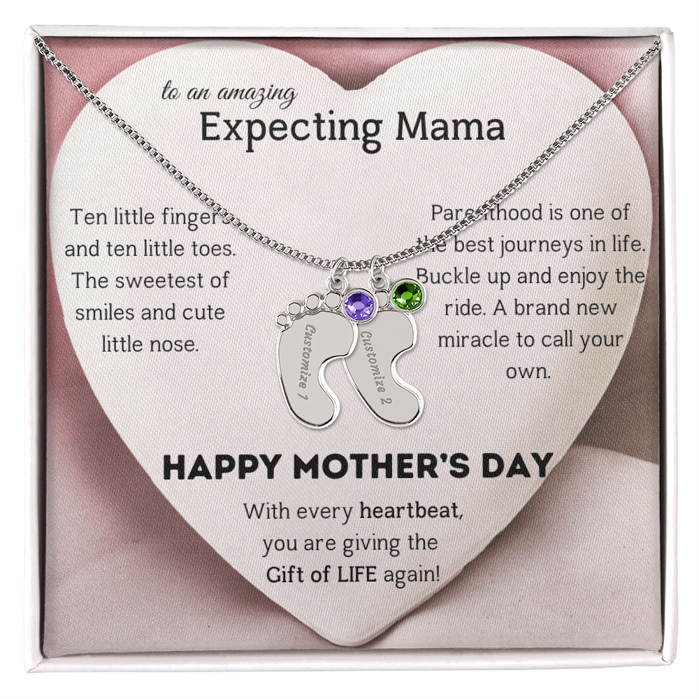 Birthstone Personalized Baby Feet Necklace with Message card To an Expecting Mama