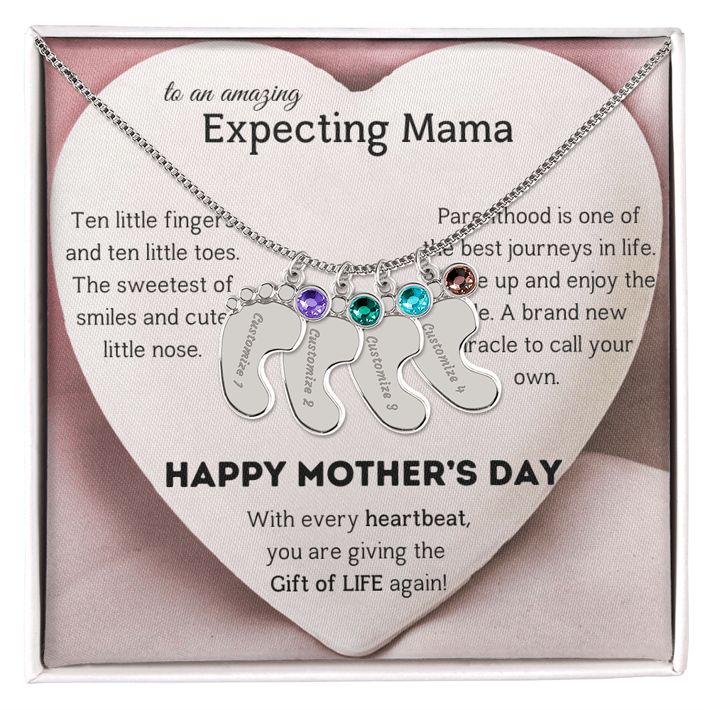Birthstone Personalized Baby Feet Necklace with Message card To an Expecting Mama