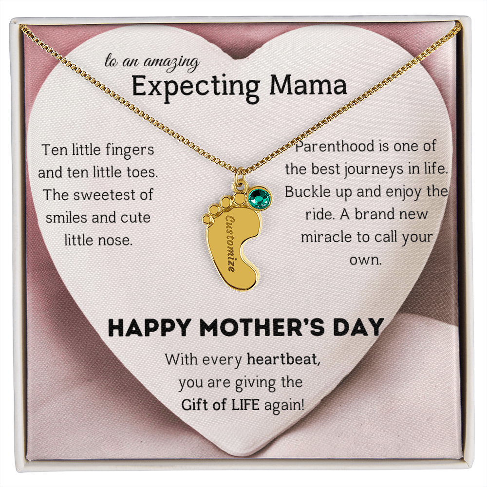 Birthstone Personalized Baby Feet Necklace with Message card To an Expecting Mama