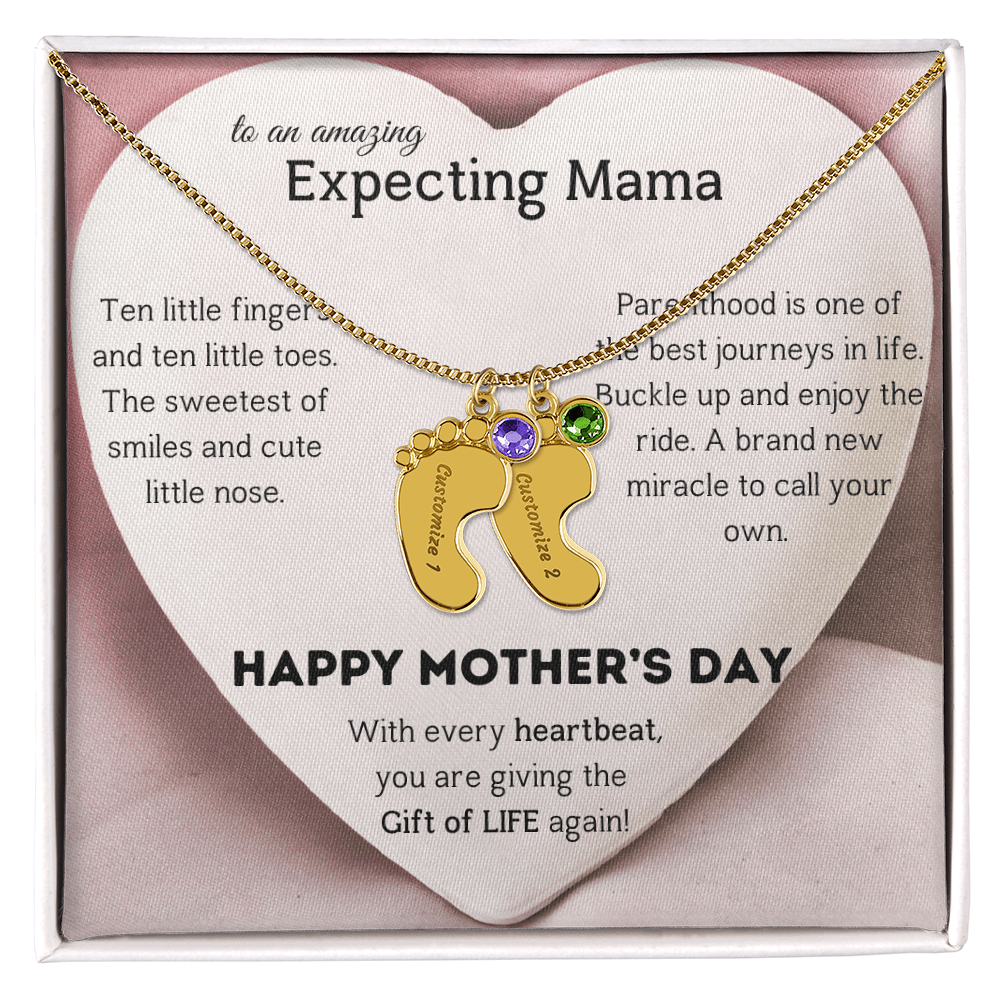 Birthstone Personalized Baby Feet Necklace with Message card To an Expecting Mama