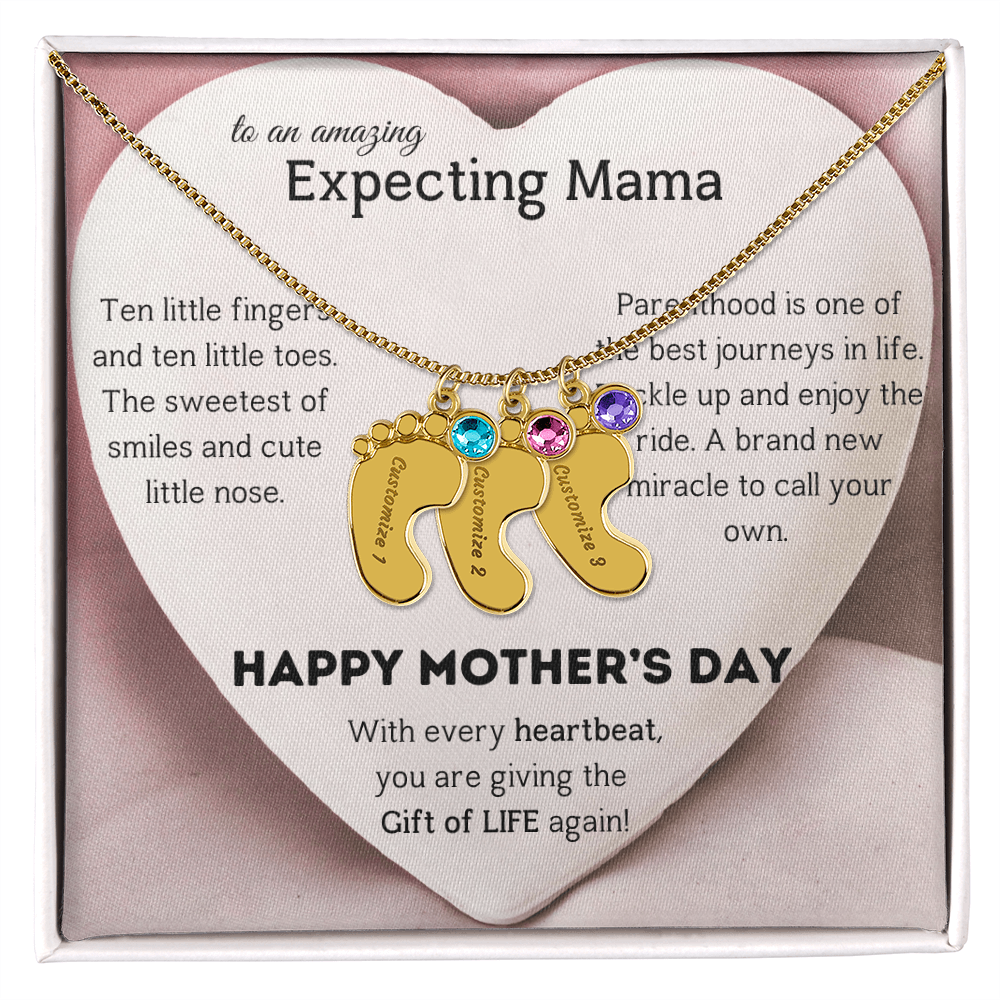 Birthstone Personalized Baby Feet Necklace with Message card To an Expecting Mama