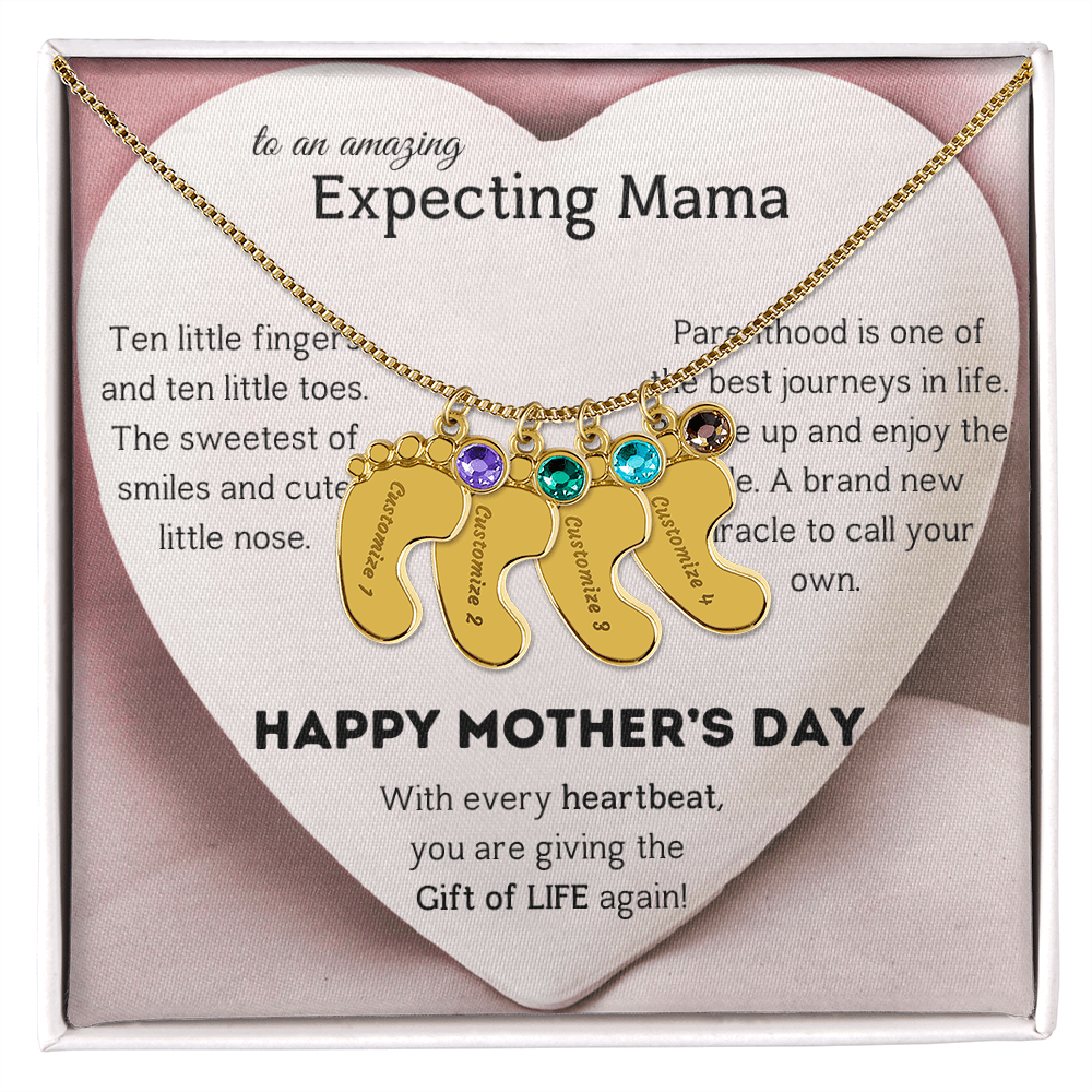 Birthstone Personalized Baby Feet Necklace with Message card To an Expecting Mama