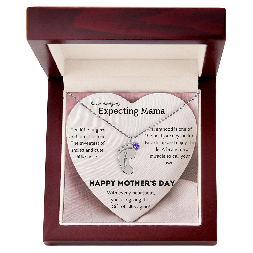 Birthstone Personalized Baby Feet Necklace with Message card To an Expecting Mama
