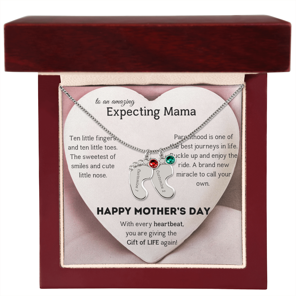 Birthstone Personalized Baby Feet Necklace with Message card To an Expecting Mama