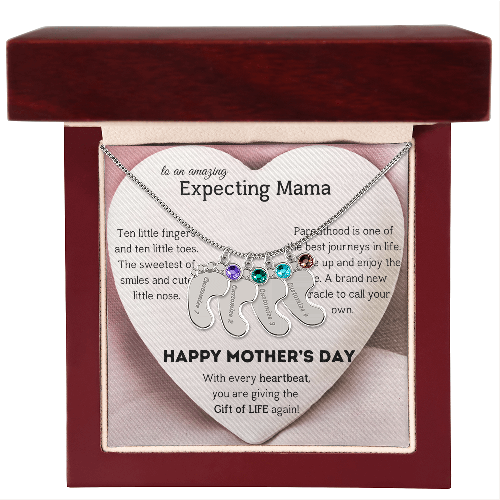 Birthstone Personalized Baby Feet Necklace with Message card To an Expecting Mama