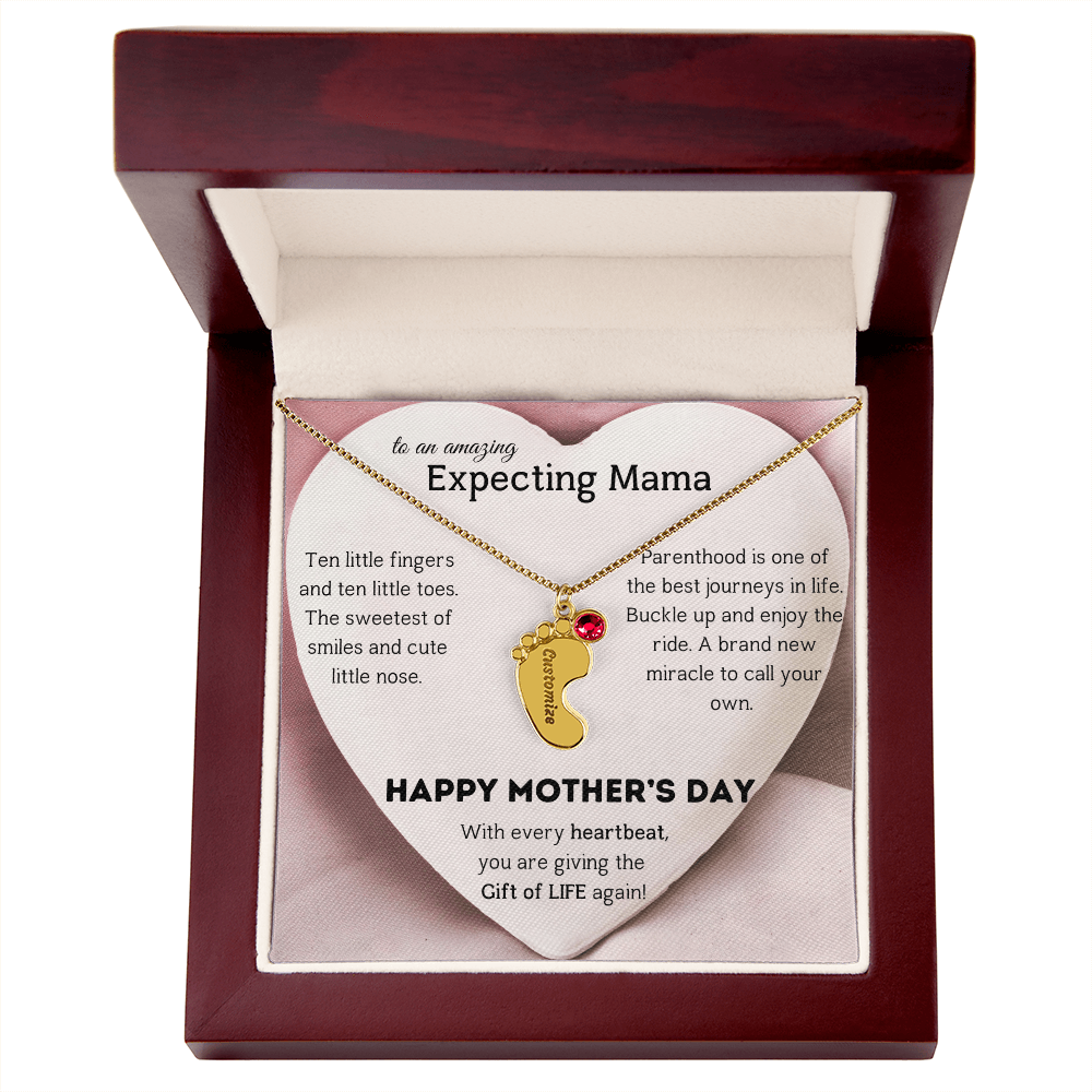 Birthstone Personalized Baby Feet Necklace with Message card To an Expecting Mama