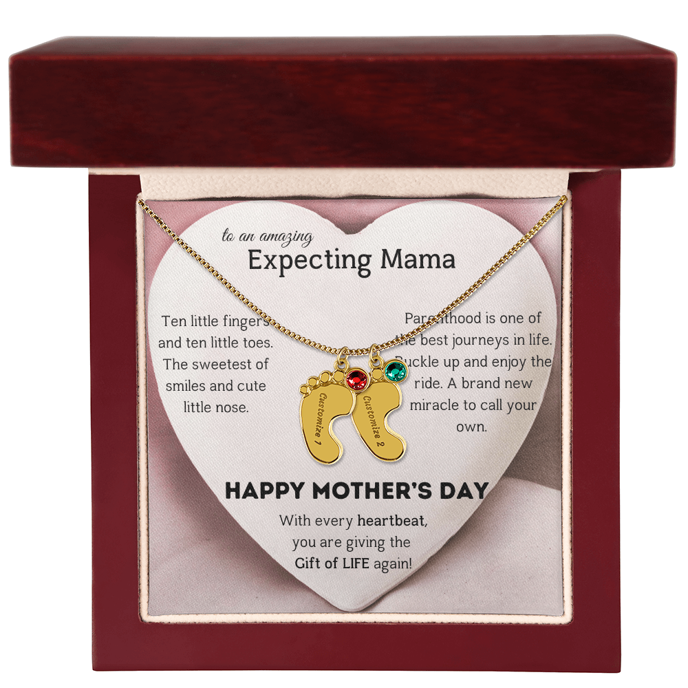 Birthstone Personalized Baby Feet Necklace with Message card To an Expecting Mama