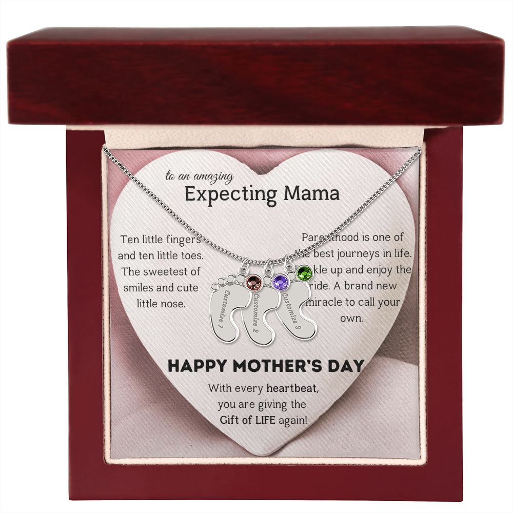 Birthstone Personalized Baby Feet Necklace with Message card To an Expecting Mama