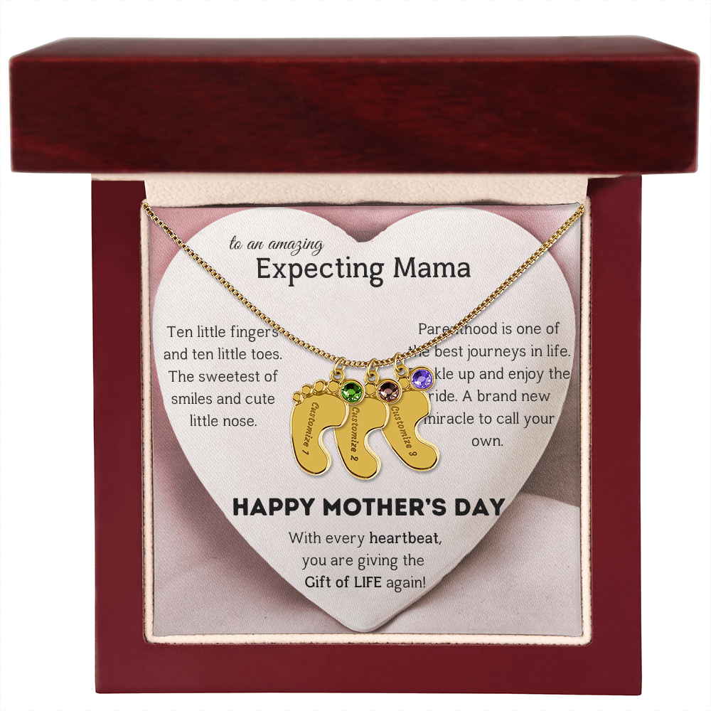 Birthstone Personalized Baby Feet Necklace with Message card To an Expecting Mama