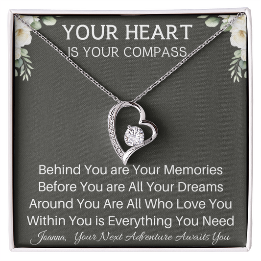 "Your Heart Is Your Compass" – Personalized Heart Necklace with Inspirational Message Card